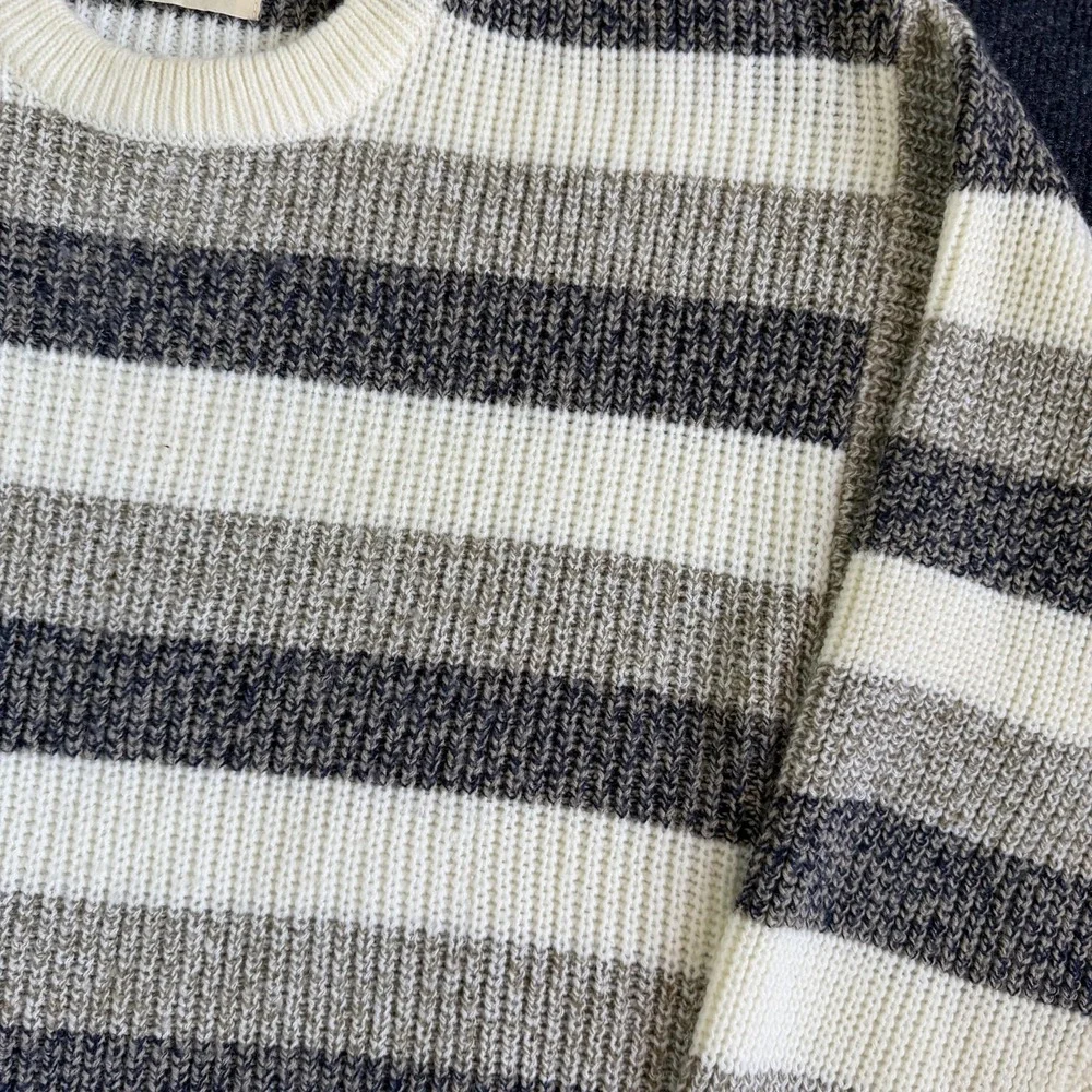 Vintage St. John's Bay Sweater Mens Medium Gray Striped Waffle Knit Crewneck - Picture 2 of 8